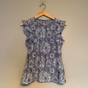 White House Black Market Blue Floral Lace Ruffle Sleeveless Blouse Top Small